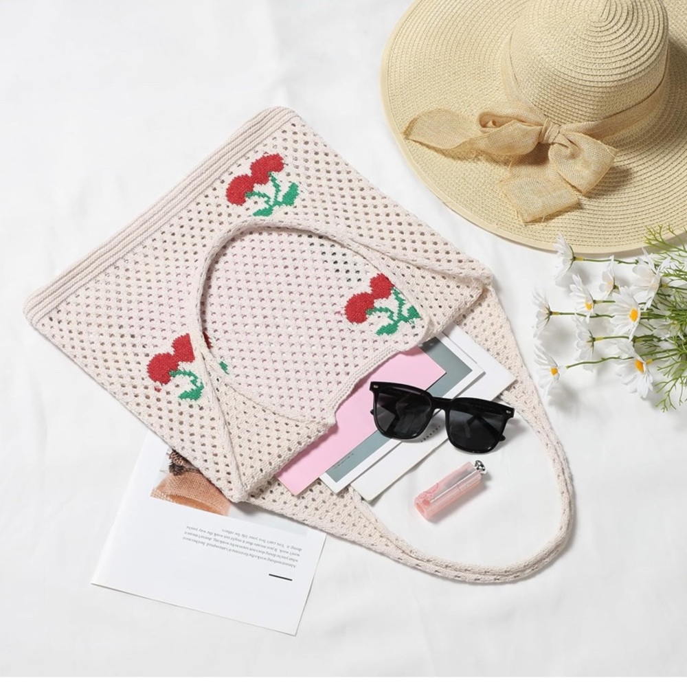 Cherry Crochet Casual Tote Bag, New - Picture 3 of 5